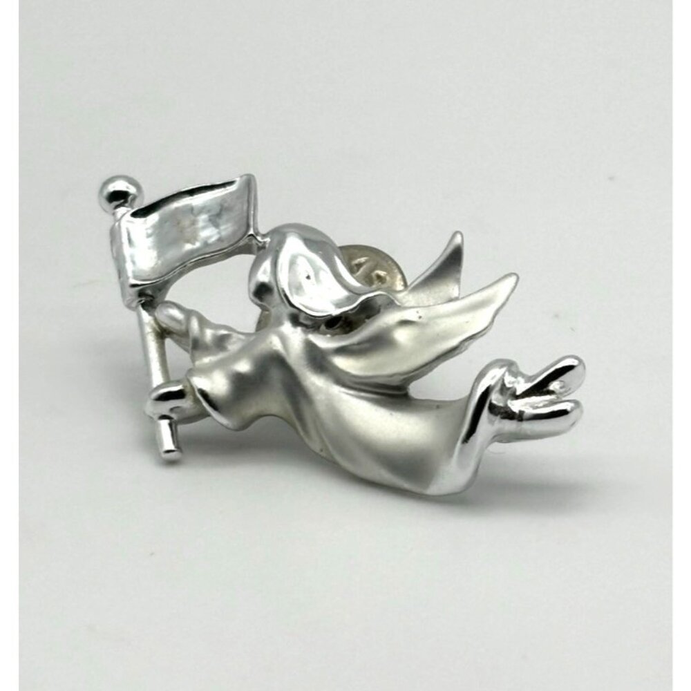 Vintage Gigi Lapel Pin, Flying Angel With Flag, Silver Tone Brushed, Shiny Metal